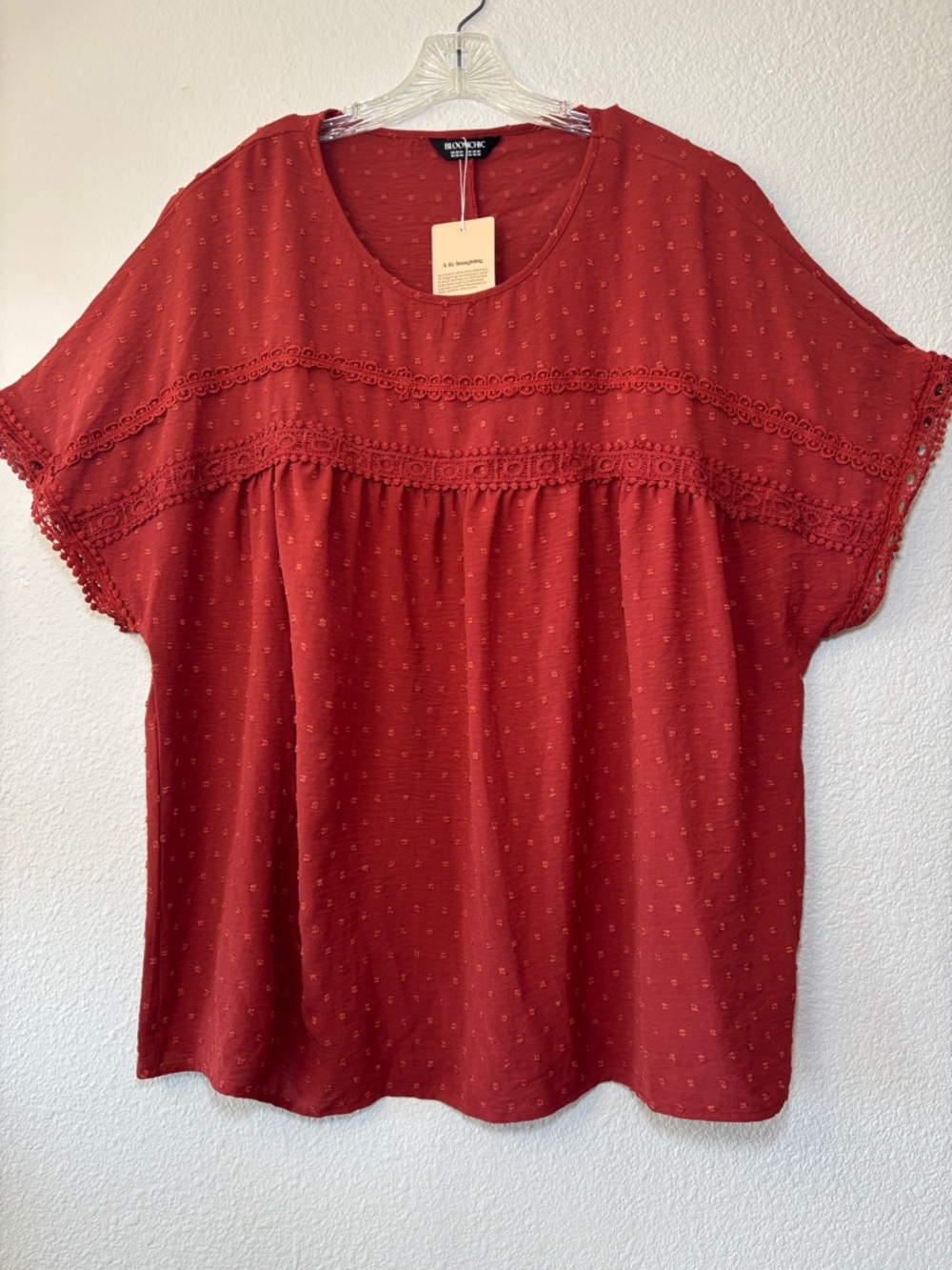 Bloomchic Brown Textured Contrast Crochet Blouse Size 3X 22/24 Relaxed Fit